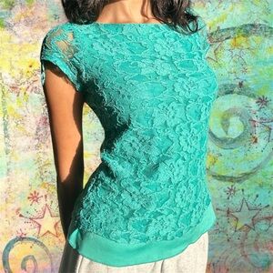 Y2K Fever Teal Floral Lace Blouse